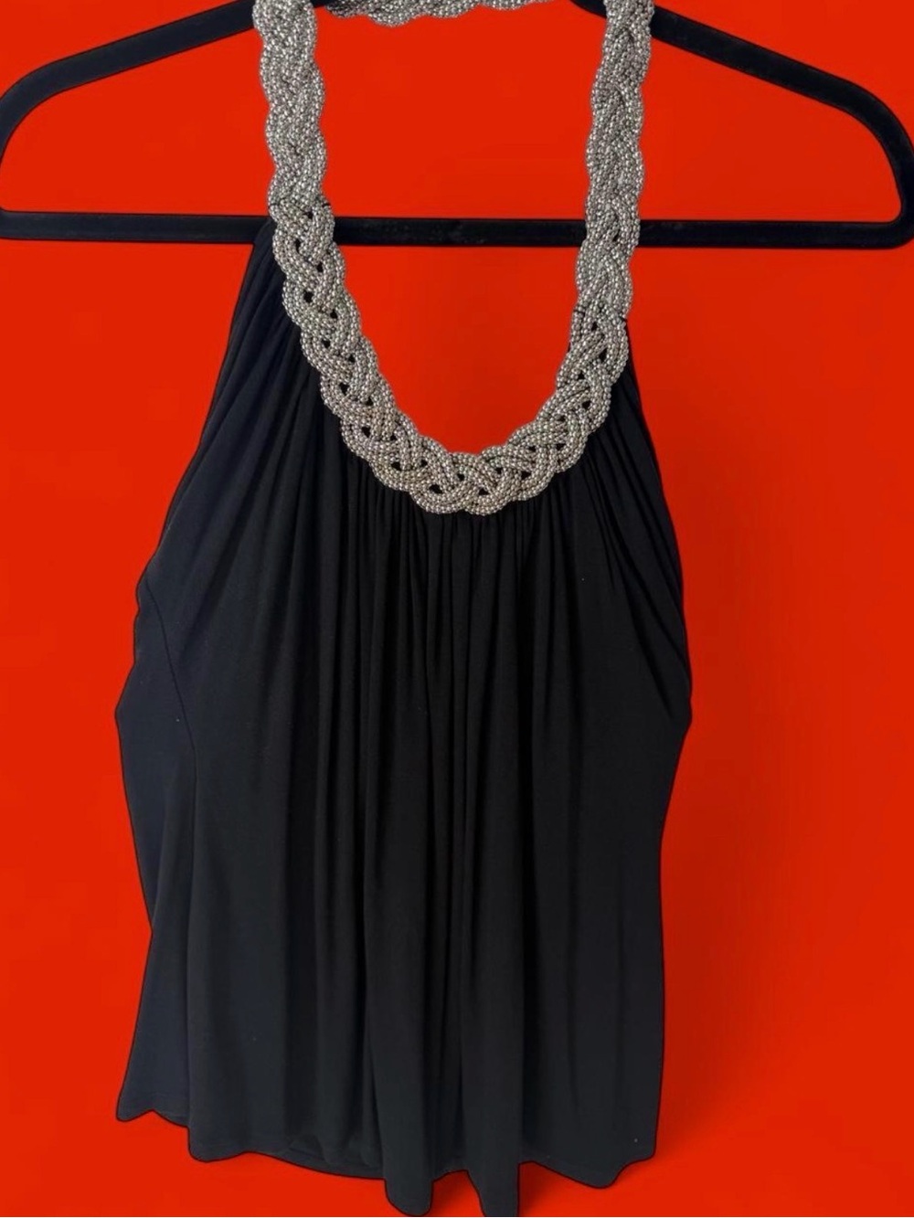 Black Halter Top with Braided Silver Beaded Neckline